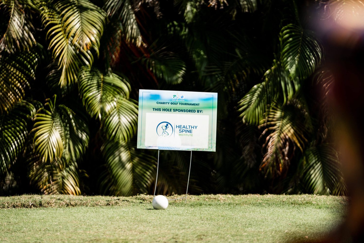 A sign is posted in the grass near some trees.