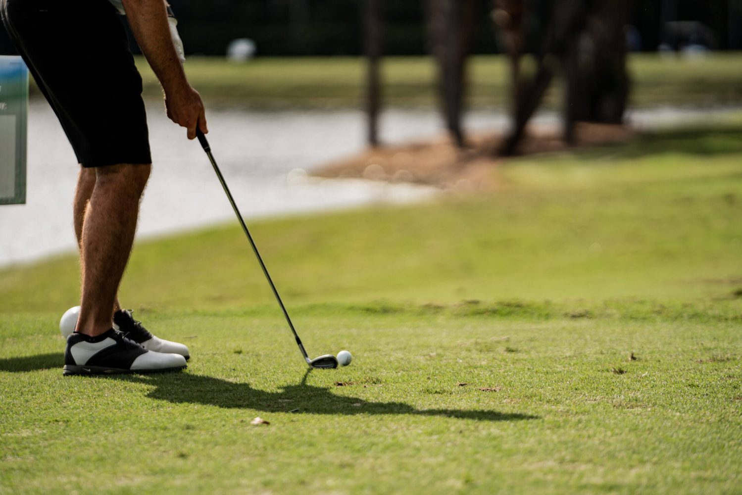 A person is playing golf on the green.