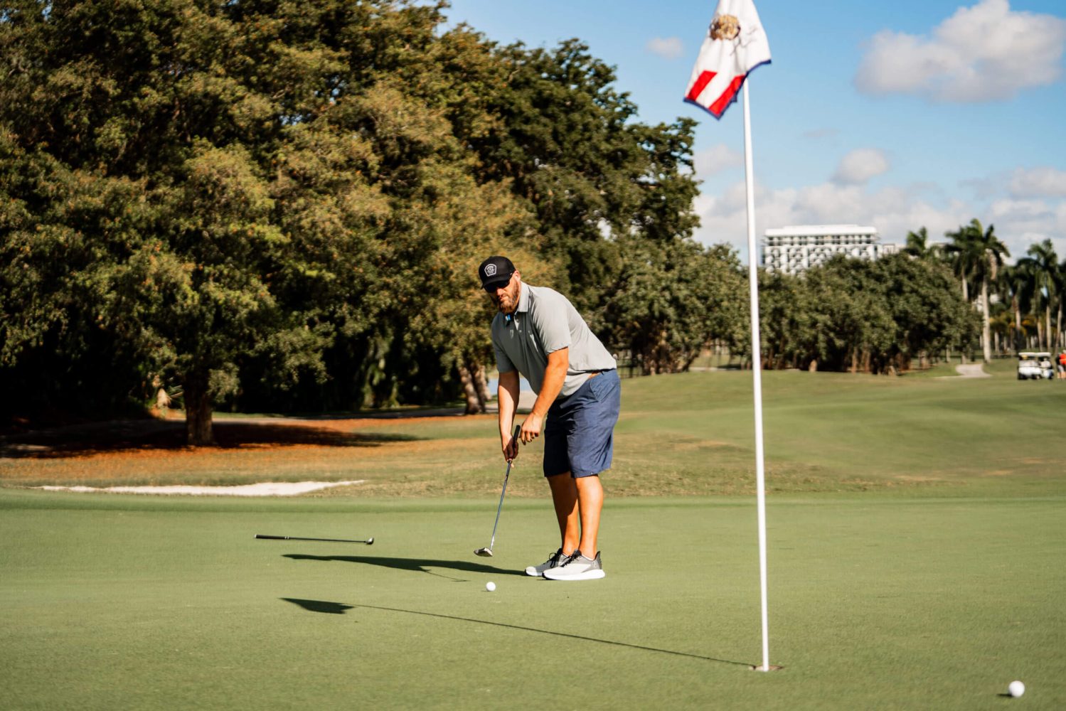 A man is playing golf on the green