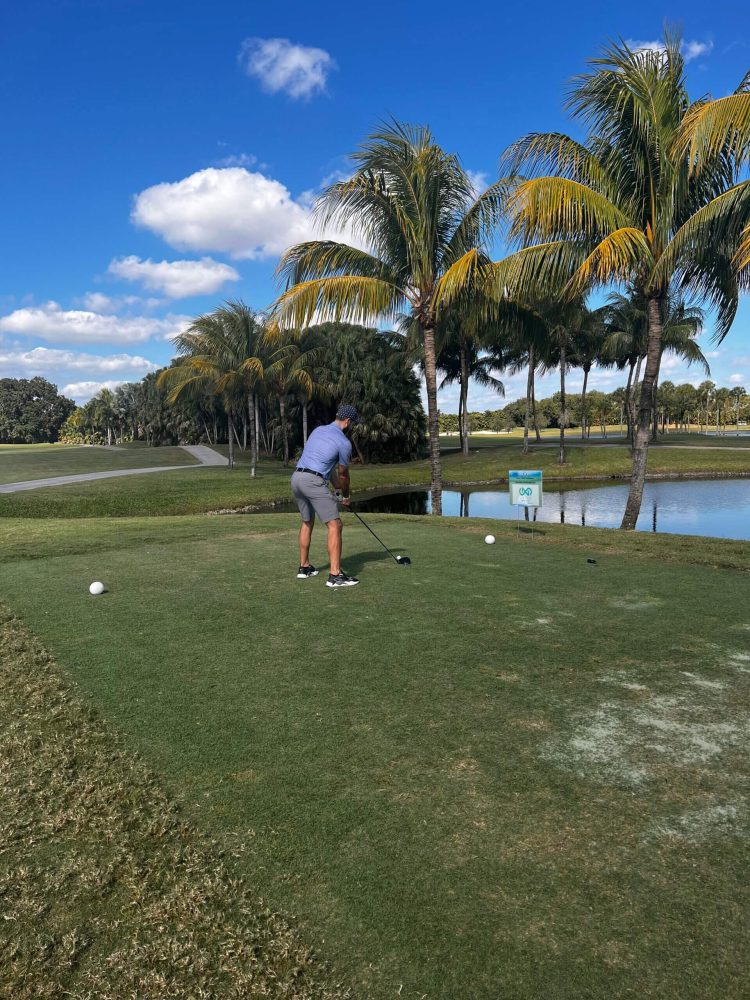 A man is playing golf on the green