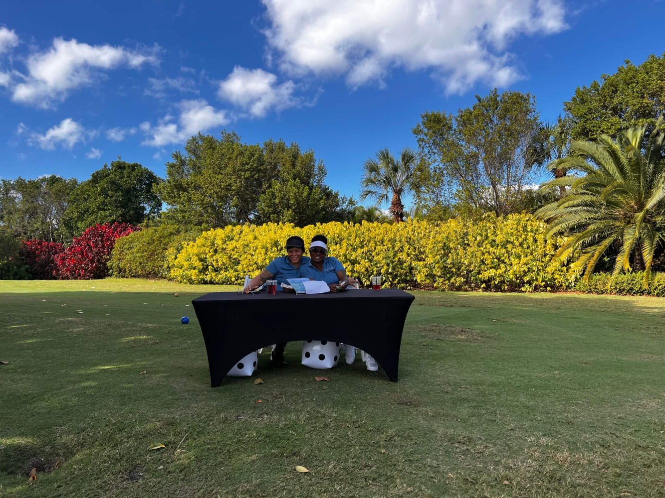 Two men sitting on the grass under a black cover.
